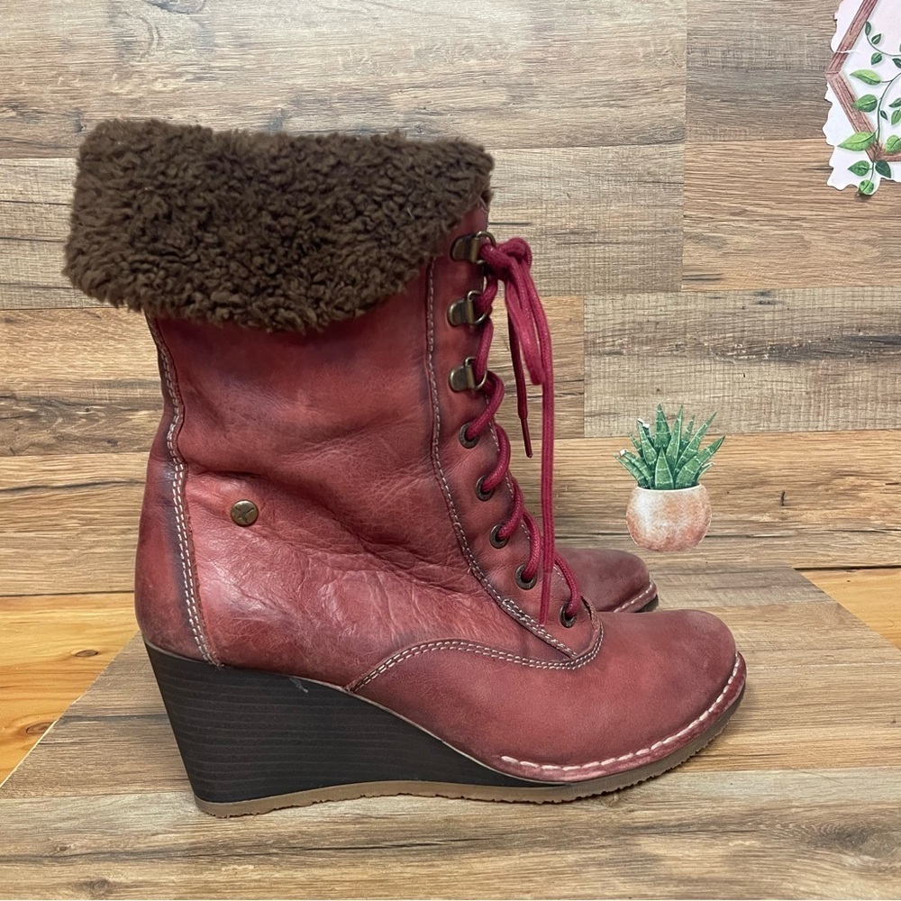 Pikolinos women’s burgundy leather wedge boots size 9 / 40 fold over top